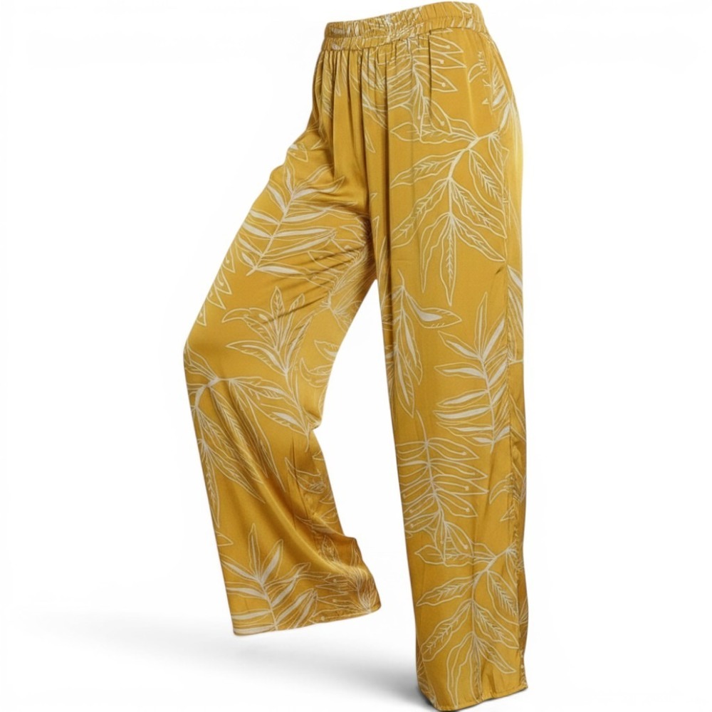 Vada Winter X Maverick Womens Boho Wide Leg Pants Polyester Leaf Print Yellow S